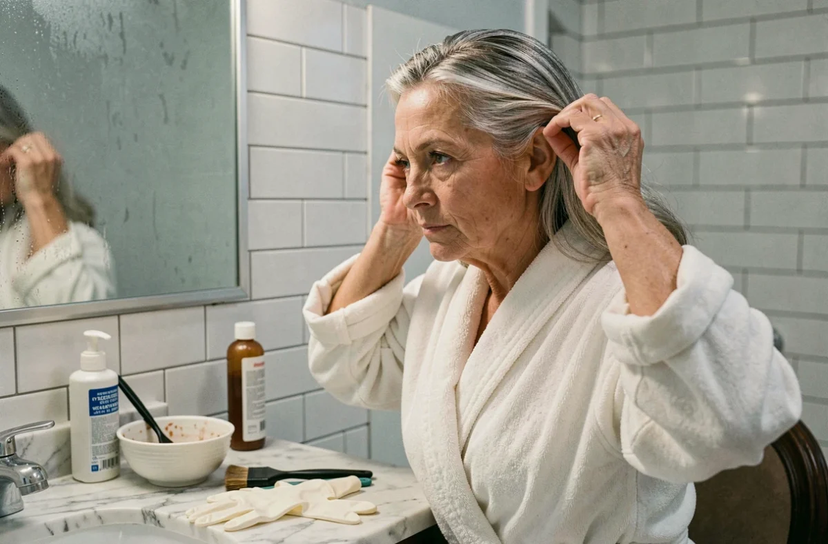 Femme mature examinant ses racines blanches devant un miroir de salle de bain avec des produits de coloration posés sur le comptoir