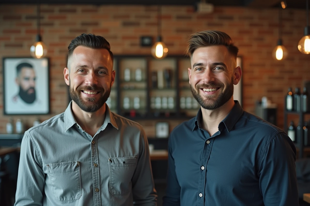 Comparaison entre deux hommes avec un dégradé raie sur le côté, l'un avec des erreurs de coiffage visibles et l'autre avec une coupe parfaitement réalisée