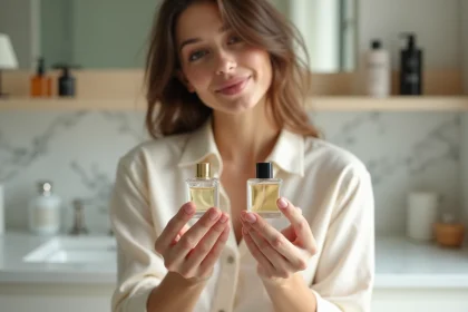 Jeune femme comparant deux flacons de parfum sur une vanité en marbre blanc dans une salle de bain minimaliste