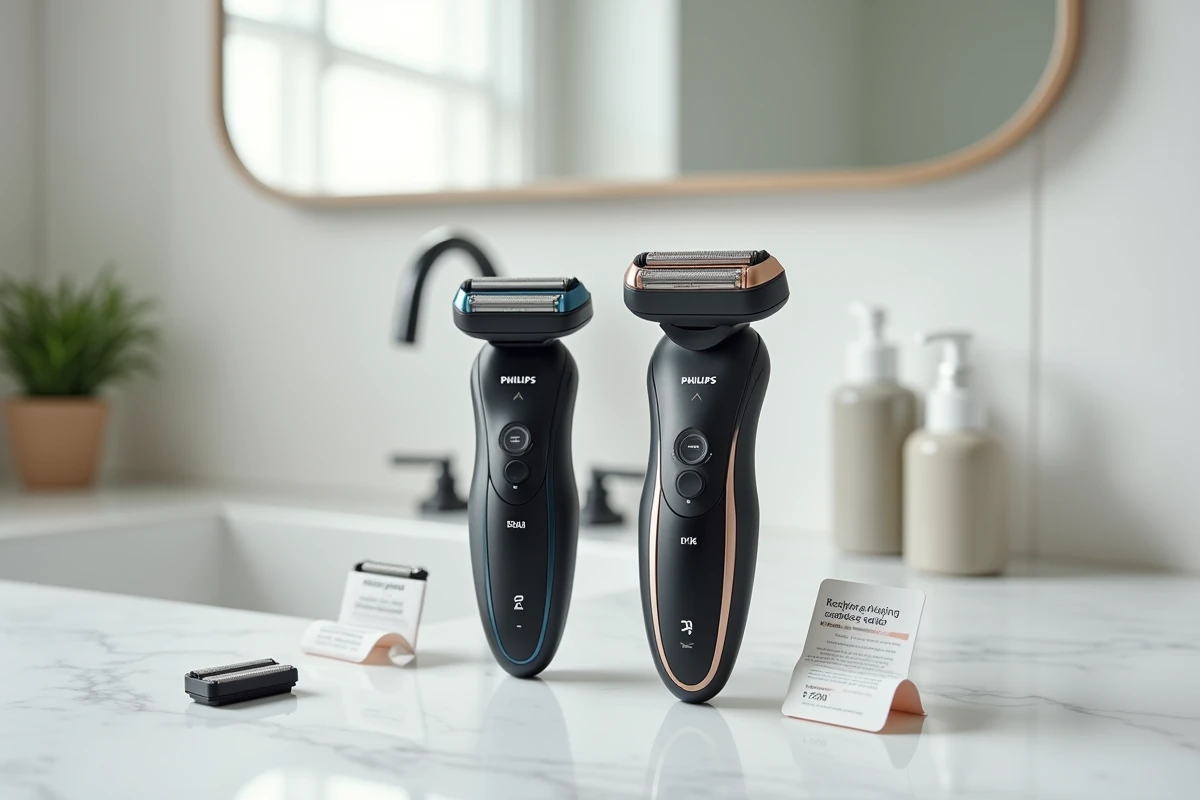 Deux rasoirs Philips OneBlade 360 posés côte à côte sur un comptoir en marbre avec accessoires de lames et guide de compatibilité