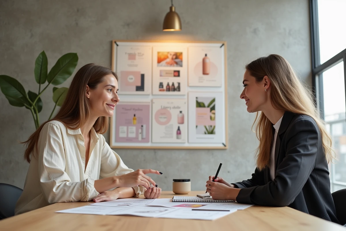 Deux créatrices de produits cosmétiques collaborant sur la formulation et le design d'une boîte beauté en studio