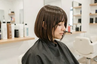 Femme aux cheveux épais en coupe carré flou et dégradé dans un salon de coiffure moderne