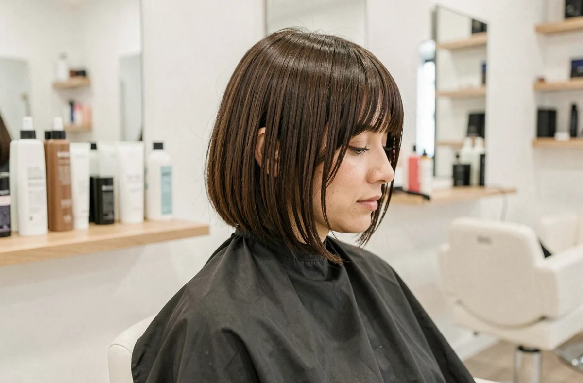 Femme aux cheveux épais en coupe carré flou et dégradé dans un salon de coiffure moderne