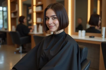Femme aux cheveux en coupe carré mi-long assise dans un salon de coiffure moderne, vue de trois quarts avec reflet dans le miroir