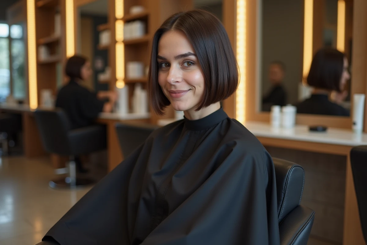 Femme aux cheveux en coupe carré mi-long assise dans un salon de coiffure moderne, vue de trois quarts avec reflet dans le miroir
