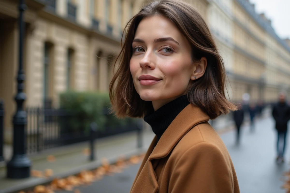 Femme avec une coupe carré mi-long et visage ovale en rue pavée parisienne en automne, portant un manteau camel