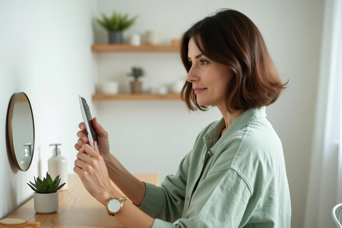 Femme avec une coupe carré mi-long adaptée à un visage rond, assise devant une coiffeuse scandinave minimaliste à la maison