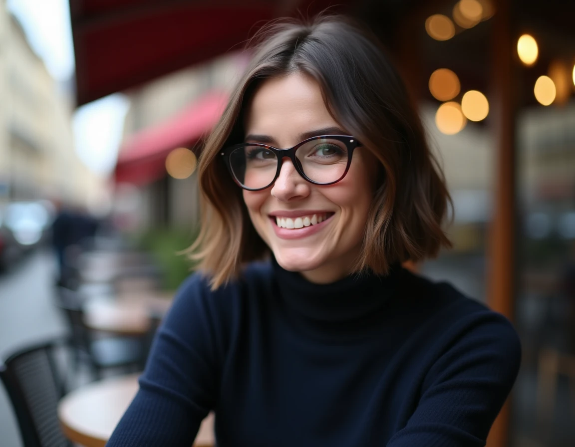 Femme d'âge moyen avec un bob court et des lunettes rondes surdimensionnées, assise en terrasse de café parisien portant un col roulé bleu marine