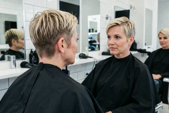 Femme aux cheveux fins et courts en coupe pixie texturée chez le coiffeur, vue de trois quarts