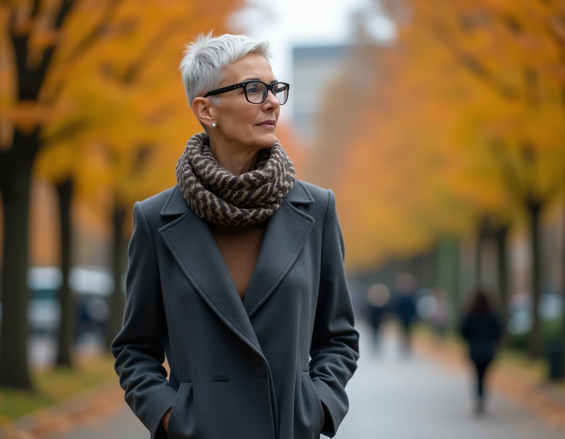 Femme aux cheveux courts argentés avec une coupe undercut et des lunettes sans monture, marchant dans un parc automnal en manteau gris élégant