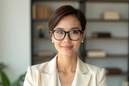 Femme élégante avec une coupe pixie courte et des lunettes rectangulaires en écaille, portant un blazer crème dans un intérieur moderne