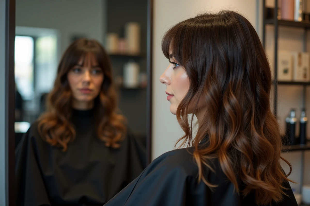 Coupe dégradé effilé long avec frange rideau vue en salon de coiffure dans un miroir, mise en valeur des couches et du volume