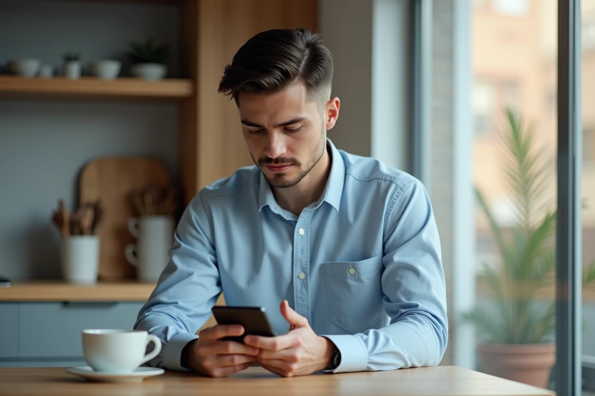 Jeune homme avec coupe dégradée mi-longue entretien facile assis dans une cuisine moderne le matin