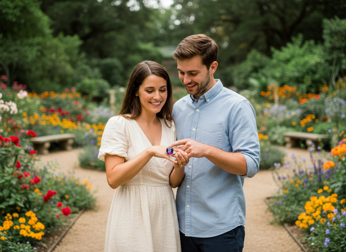 Jeune couple admirant une bague de fiançailles en plein air