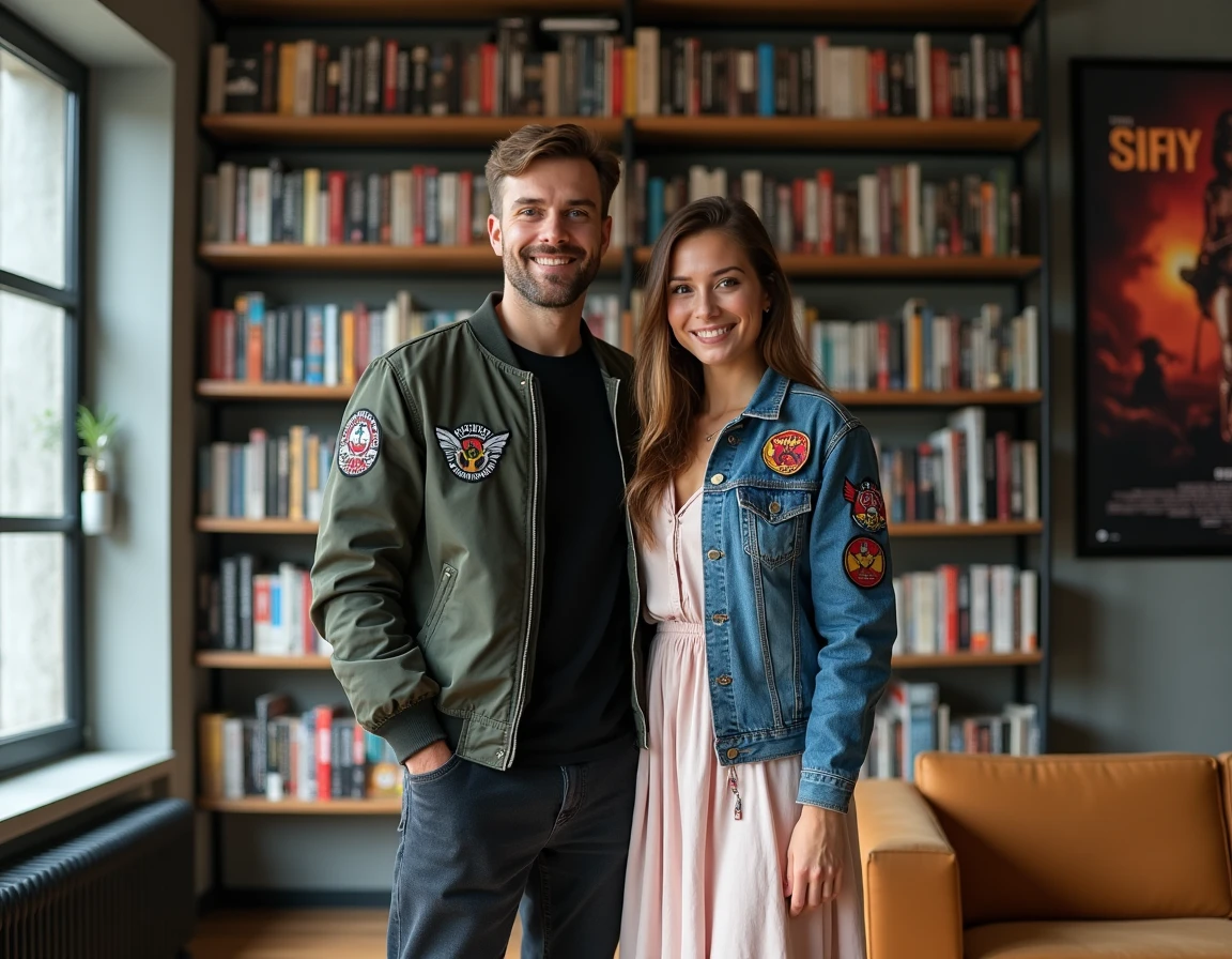 Couple de blogueurs geek et mode posant devant une bibliothèque remplie de mangas et romans de science-fiction, vêtus de tenues streetwear inspirées de la pop culture