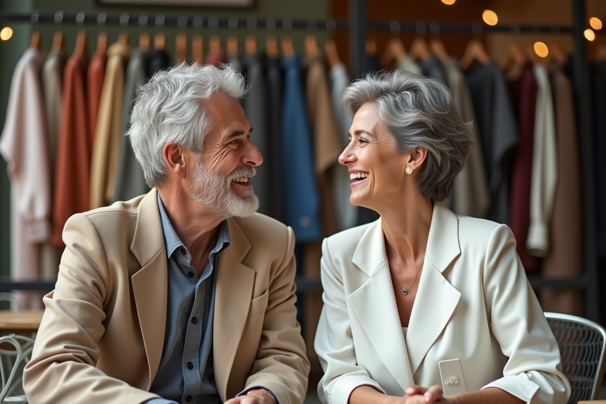 Couple mature souriant assis dans un café extérieur