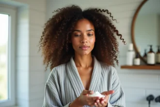 Jeune femme appliquant une crème coiffante sur ses cheveux bouclés fins dans une salle de bain moderne
