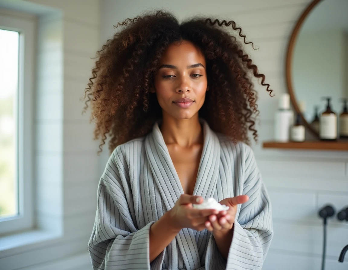 Jeune femme appliquant une crème coiffante sur ses cheveux bouclés fins dans une salle de bain moderne