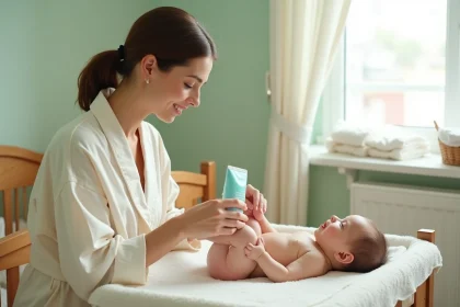 Maman appliquant la crème hydratante Biolane sur les jambes de son bébé dans une chambre de bébé douce et apaisante