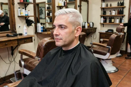 Homme aux cheveux courts avec un dégradé blanc parfaitement réalisé dans un salon de coiffure moderne, illustrant un dégradé adapté à la forme de visage ovale