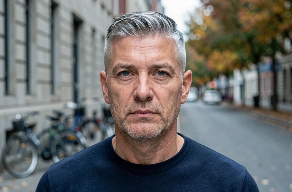 Portrait d'un homme mature avec un dégradé blanc bas adapté à un visage carré, pris en extérieur dans un cadre urbain européen