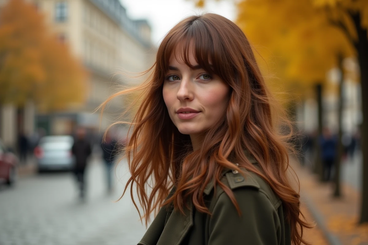 Femme brune aux cheveux longs effilés et frange rideau portés en extérieur avec un manteau trench, coupe affinante pour le visage