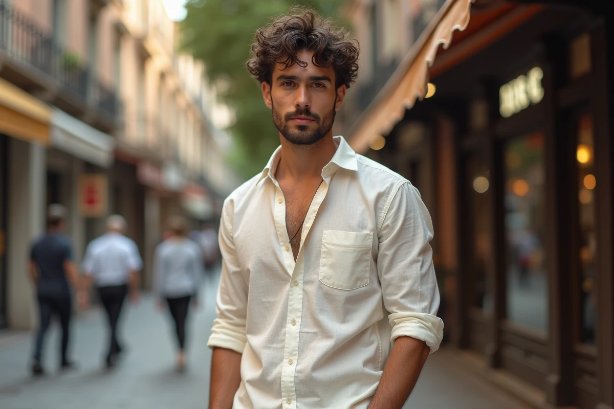 Homme en chemise de lin avec un dégradé espagnol sur cheveux bouclés posant dans une rue urbaine