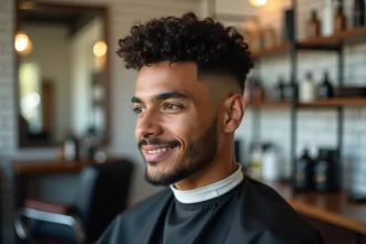 Homme aux cheveux bouclés avec un dégradé espagnol impeccable assis dans un fauteuil de barbier moderne