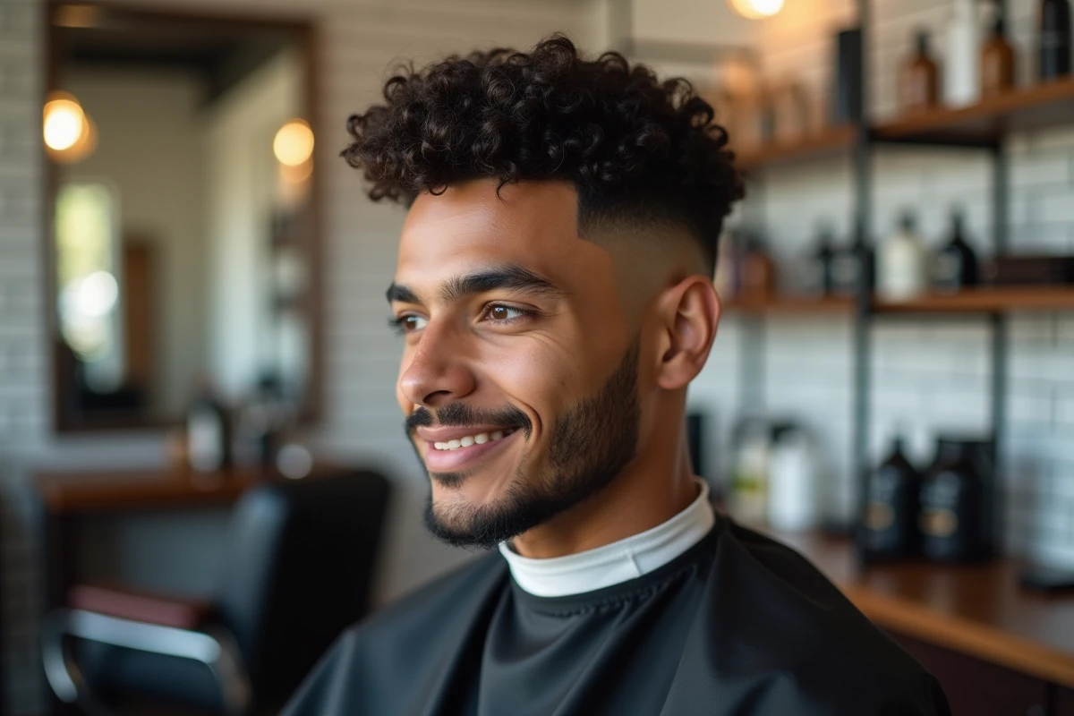 Homme aux cheveux bouclés avec un dégradé espagnol impeccable assis dans un fauteuil de barbier moderne