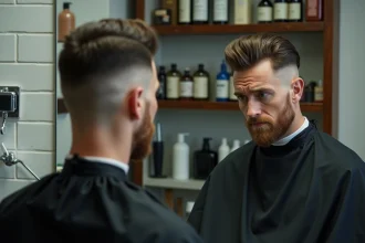 Homme assis chez le barbier avec une coupe dégradé raie sur le côté mal réalisée, transition trop abrupte visible dans le miroir