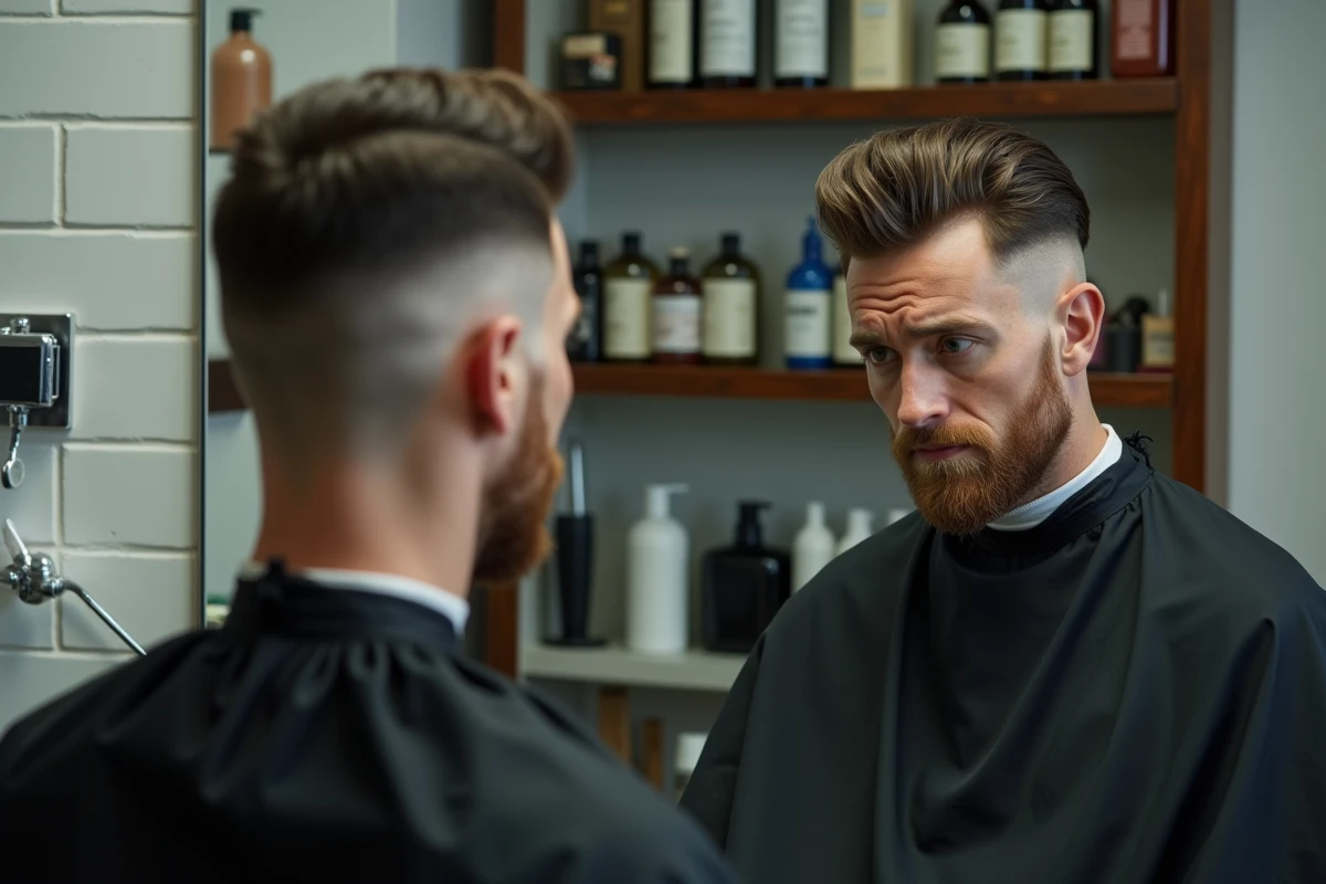 Homme assis chez le barbier avec une coupe dégradé raie sur le côté mal réalisée, transition trop abrupte visible dans le miroir