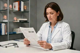 Dermatologue femme en blouse blanche analysant les ingrédients d'un produit de soin pour la peau dans son cabinet médical