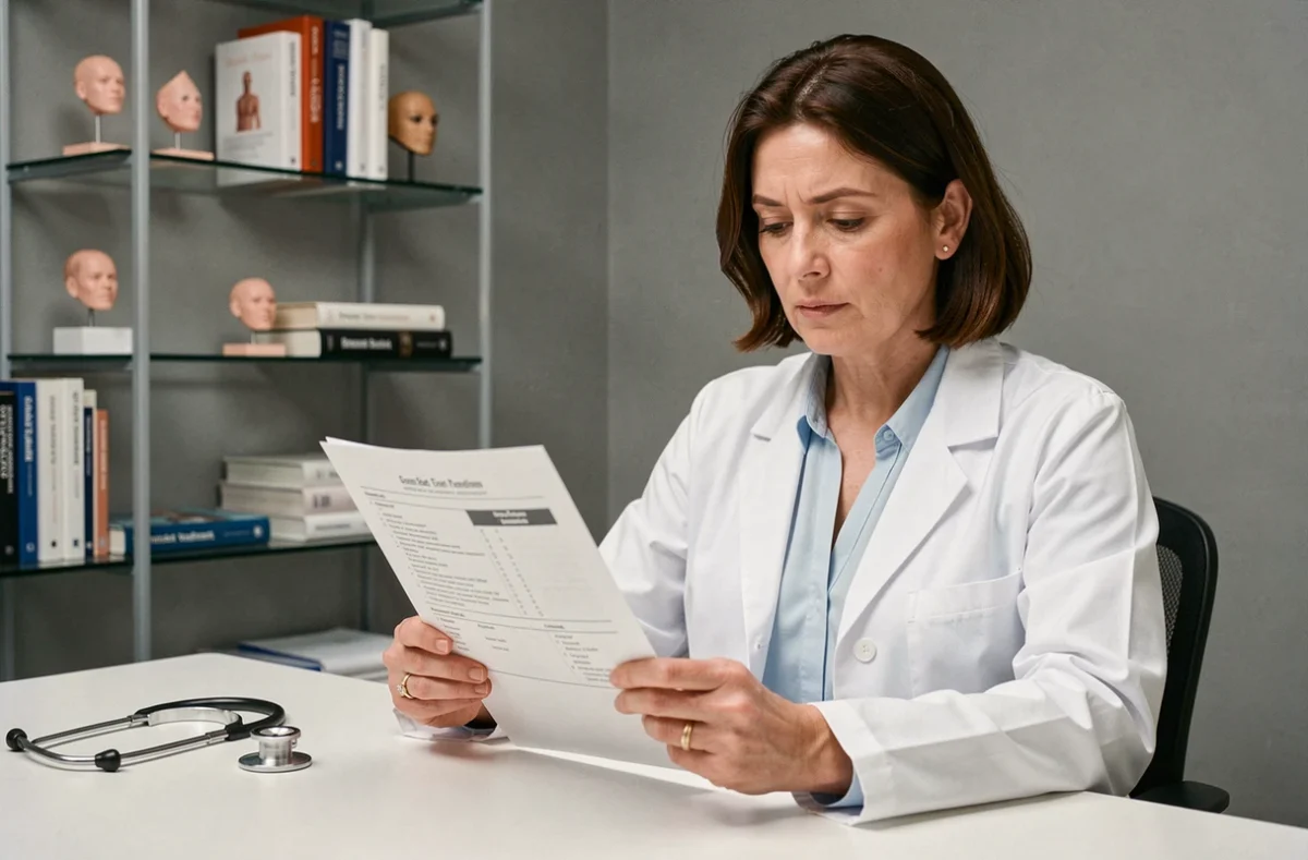 Dermatologue femme en blouse blanche analysant les ingrédients d'un produit de soin pour la peau dans son cabinet médical