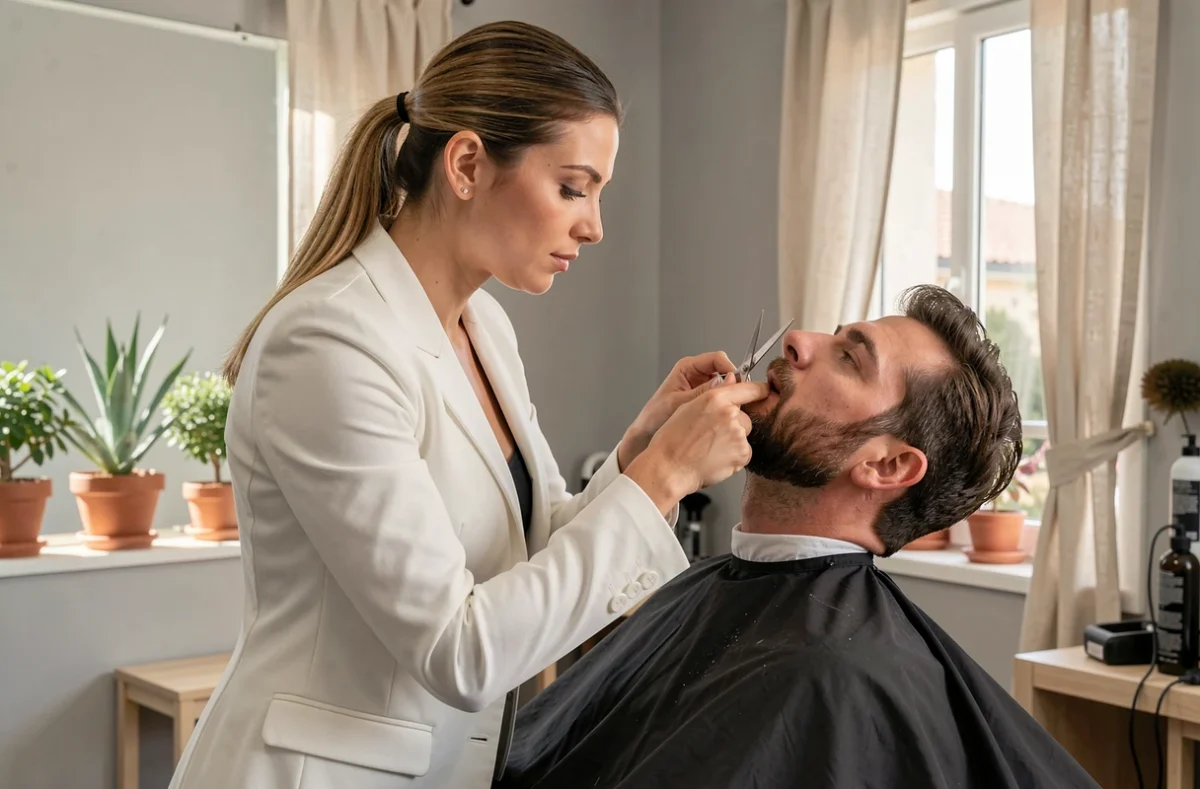 Barbière professionnelle taillant une barbe avec précision chez Domitia Coiffure Barbier à Narbonne