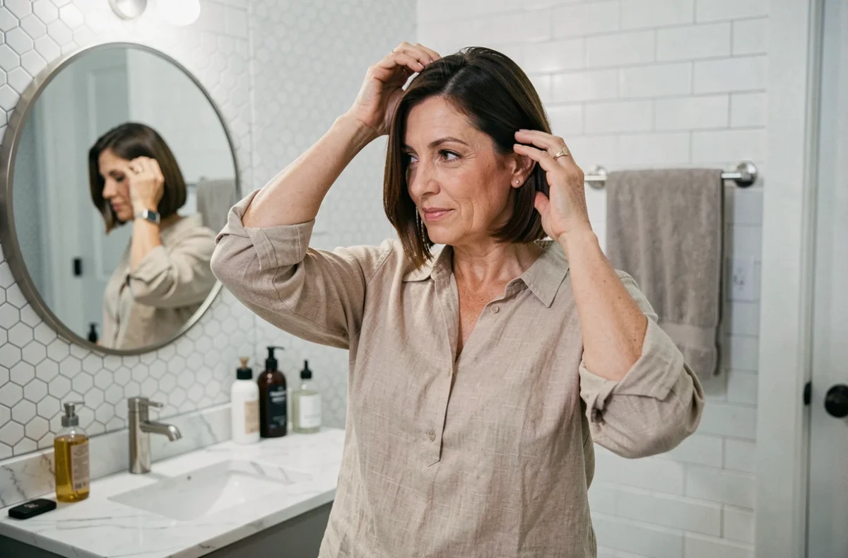 Femme examinant son brushing de flash coiffeur plusieurs jours après la séance dans une salle de bain moderne