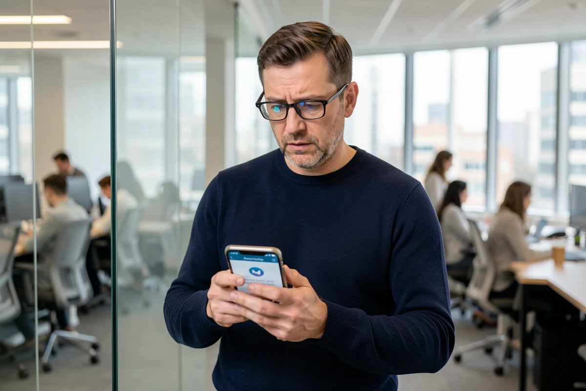 Employé vérifiant les paramètres de sécurité et de confidentialité sur son smartphone dans un bureau d'entreprise