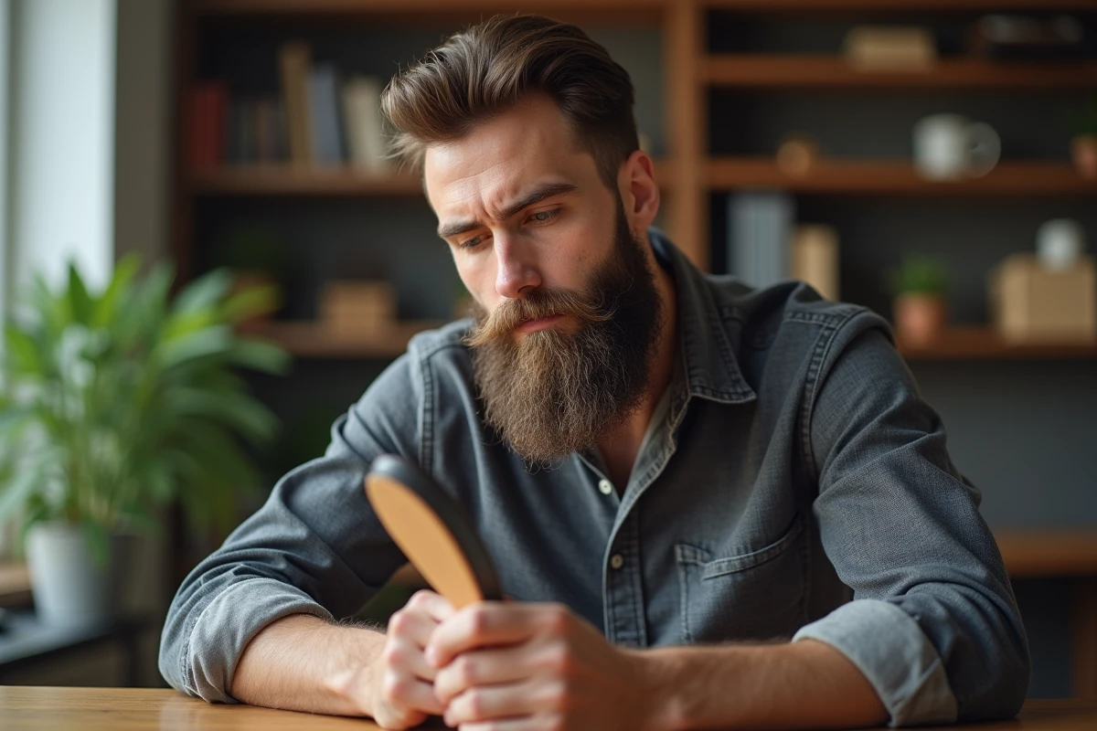 Homme aux cheveux longs brossant sa barbe longue avec une brosse à poils de sanglier à la maison