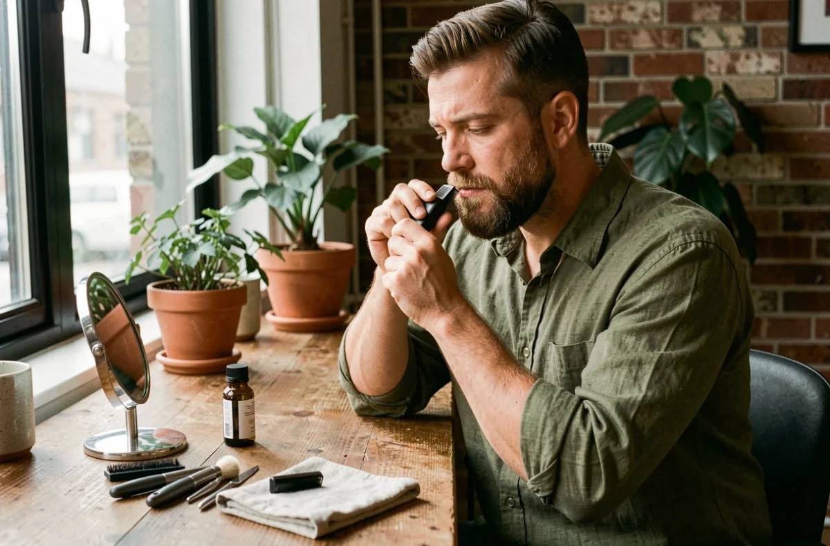 Homme entretenant sa barbe naissante irrégulière avec un peigne et une tondeuse sur un bureau en bois