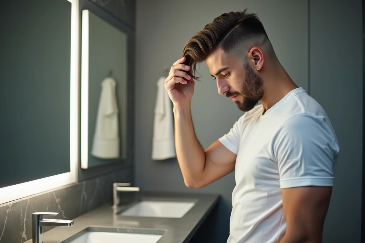 Homme dans une salle de bain moderne tentant de coiffer son dégradé raie sur le côté avec une mèche mal placée masquant la raie