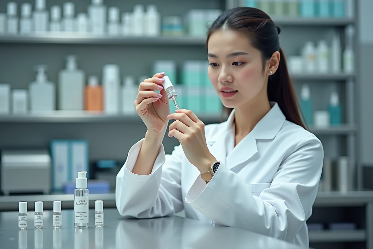 Technicienne contrôlant la qualité des flacons cosmétiques dans un laboratoire de fabrication de boîtes beauté