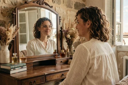 Femme aux cheveux bouclés naturels se regardant dans un miroir vintage avec un sourire confiant, citation beauté et amour de soi