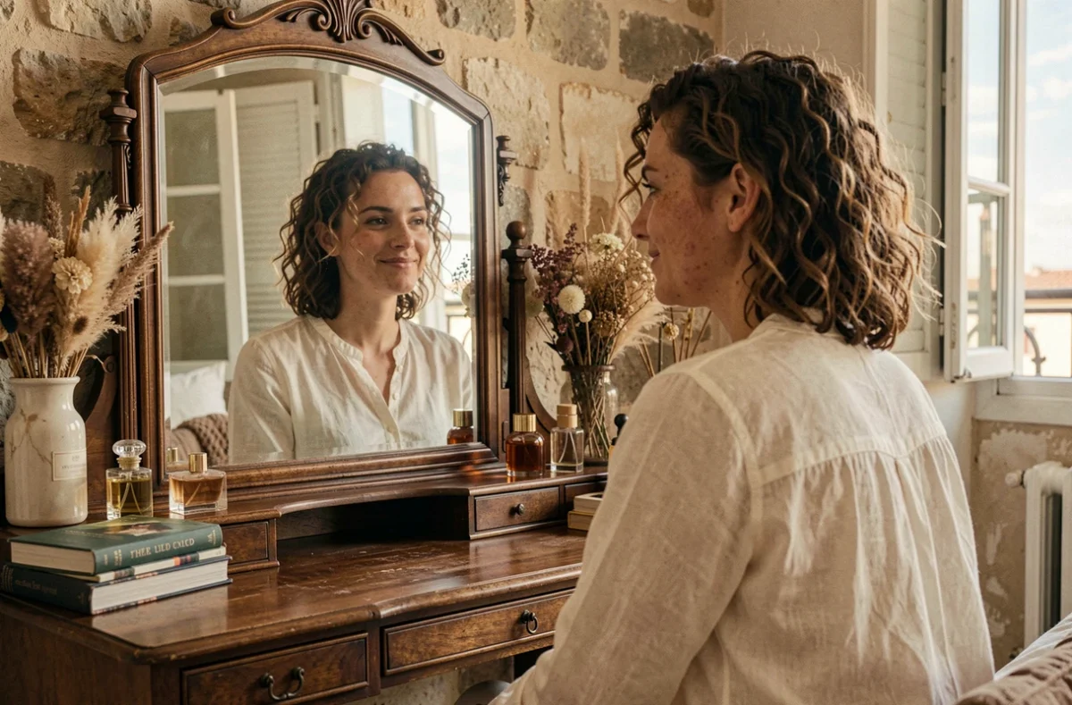 Femme aux cheveux bouclés naturels se regardant dans un miroir vintage avec un sourire confiant, citation beauté et amour de soi