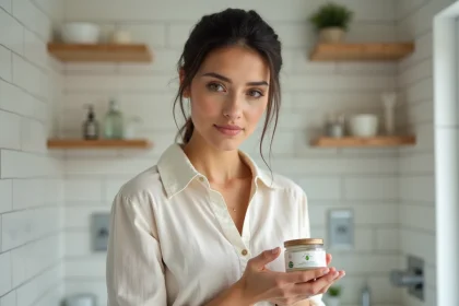 Femme examinant un pot de crème La Provençale Bio dans une salle de bain minimaliste, analyse des ingrédients naturels