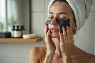 Femme appliquant du savon noir sur le visage dans une salle de bain moderne pour une peau lumineuse