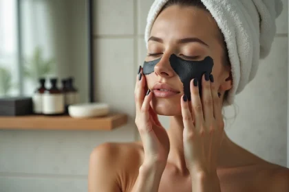 Femme appliquant du savon noir sur le visage dans une salle de bain moderne pour une peau lumineuse