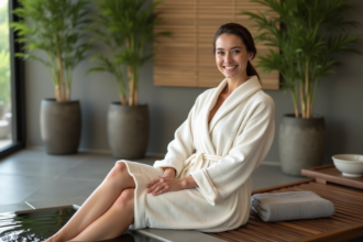 Femme détendue dans un spa avec bain de pieds