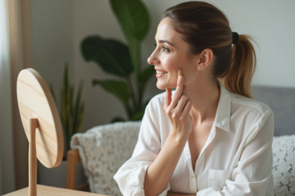 Femme appliquant du fond de teint dans sa salle de bain