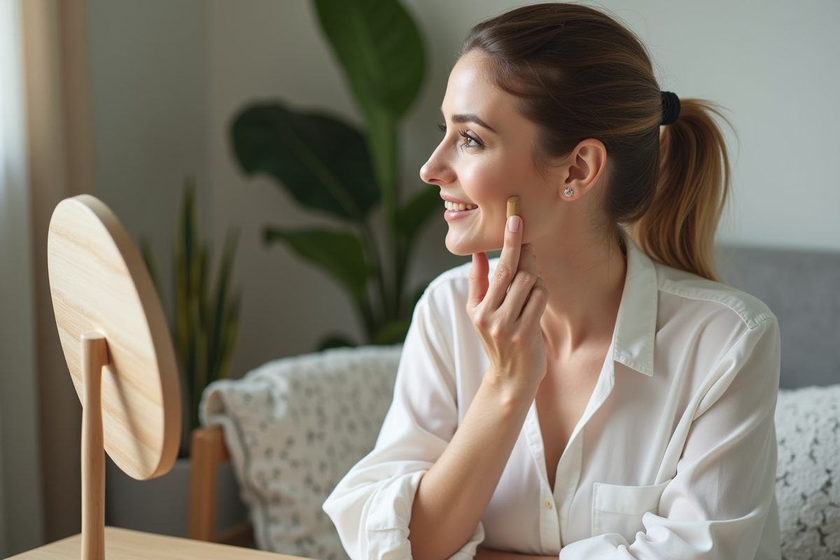 Femme appliquant du fond de teint dans sa salle de bain
