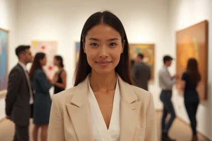 Femme confiante dans une galerie d'art illustrant les critères de beauté dans les classements internationaux