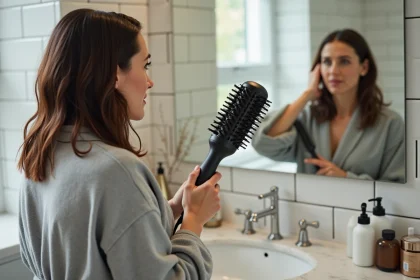 Femme utilisant une brosse soufflante devant un miroir de salle de bain pour coiffer ses cheveux humides